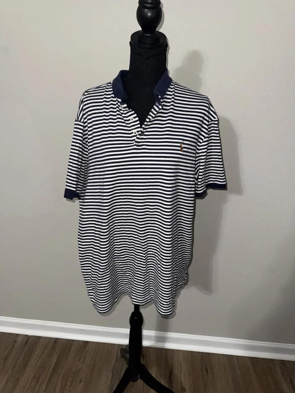 Polo Ralph Lauren Shirt Mens XL Classic Fit Navy White Striped Pony Logo Mesh